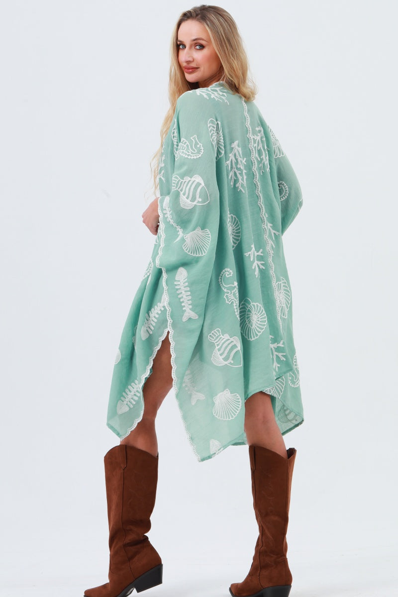 Seahorse Coral Seashell Embroidered Kimono – Ocean Breeze Cover-Up 🌊🐚 Leto Collection