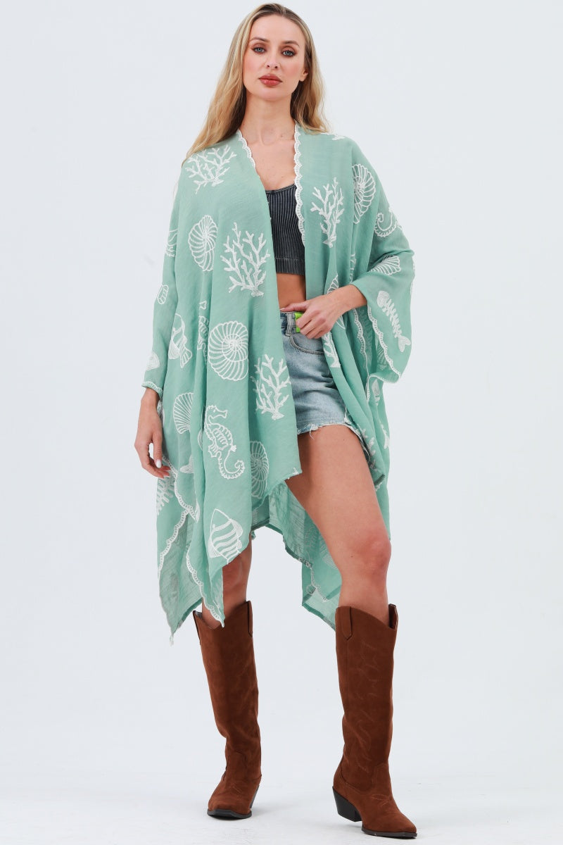 Seahorse Coral Seashell Embroidered Kimono – Ocean Breeze Cover-Up 🌊🐚 Leto Collection