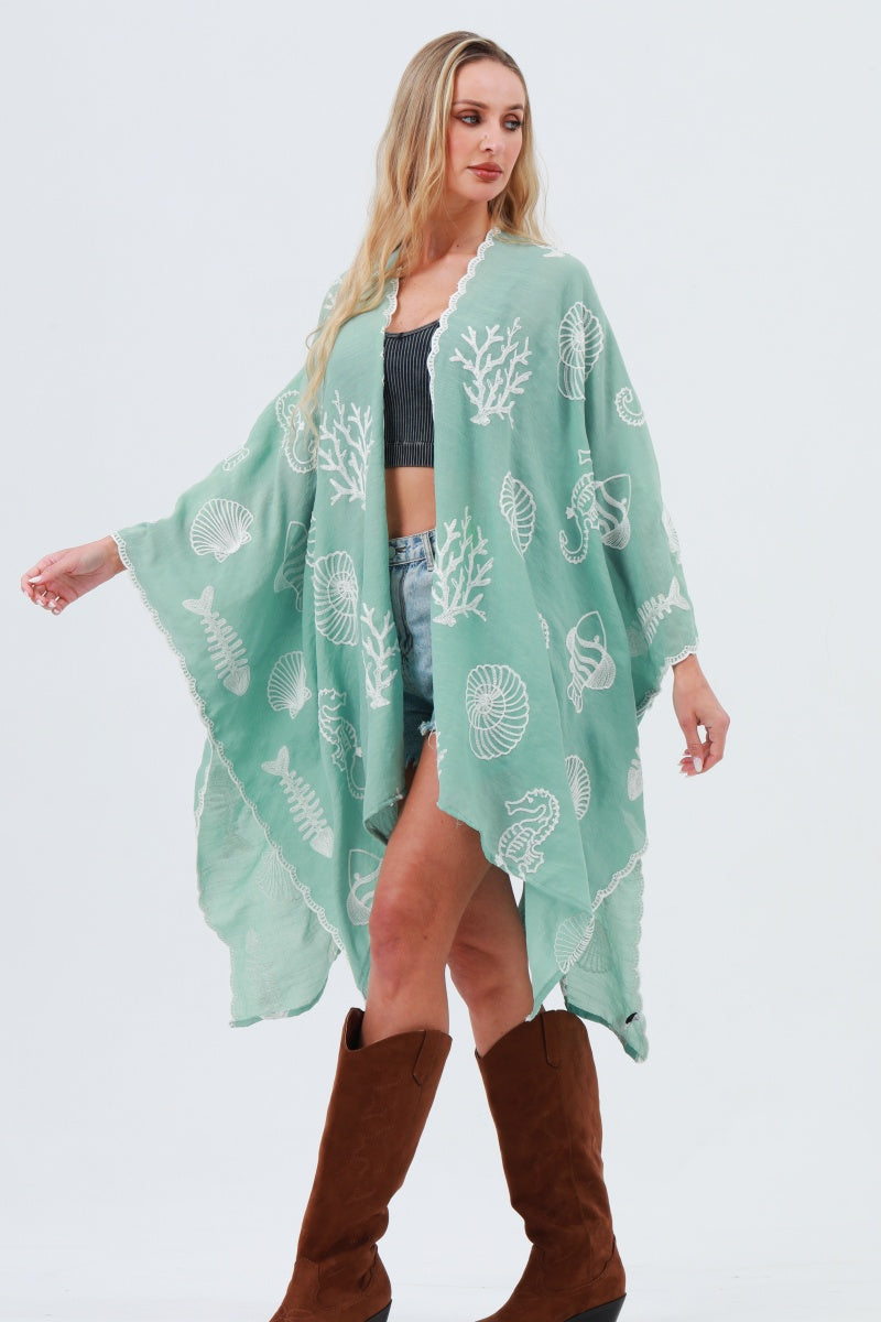 Seahorse Coral Seashell Embroidered Kimono – Ocean Breeze Cover-Up 🌊🐚 Leto Collection
