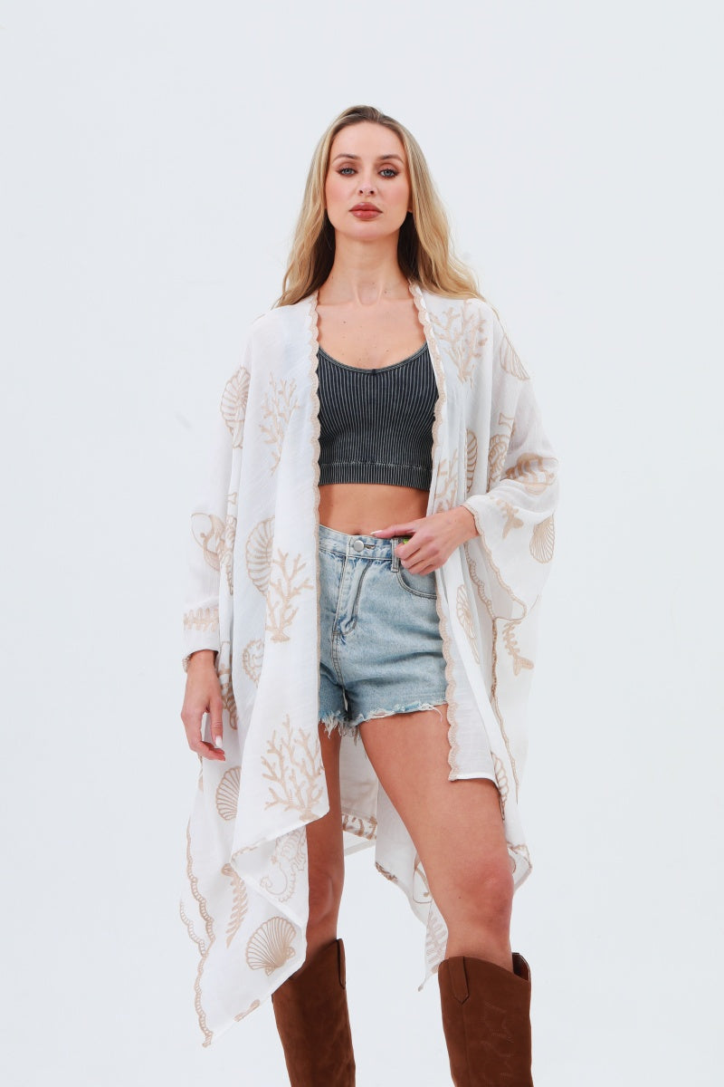 Seahorse Coral Seashell Embroidered Kimono – Ocean Breeze Cover-Up 🌊🐚 Leto Collection