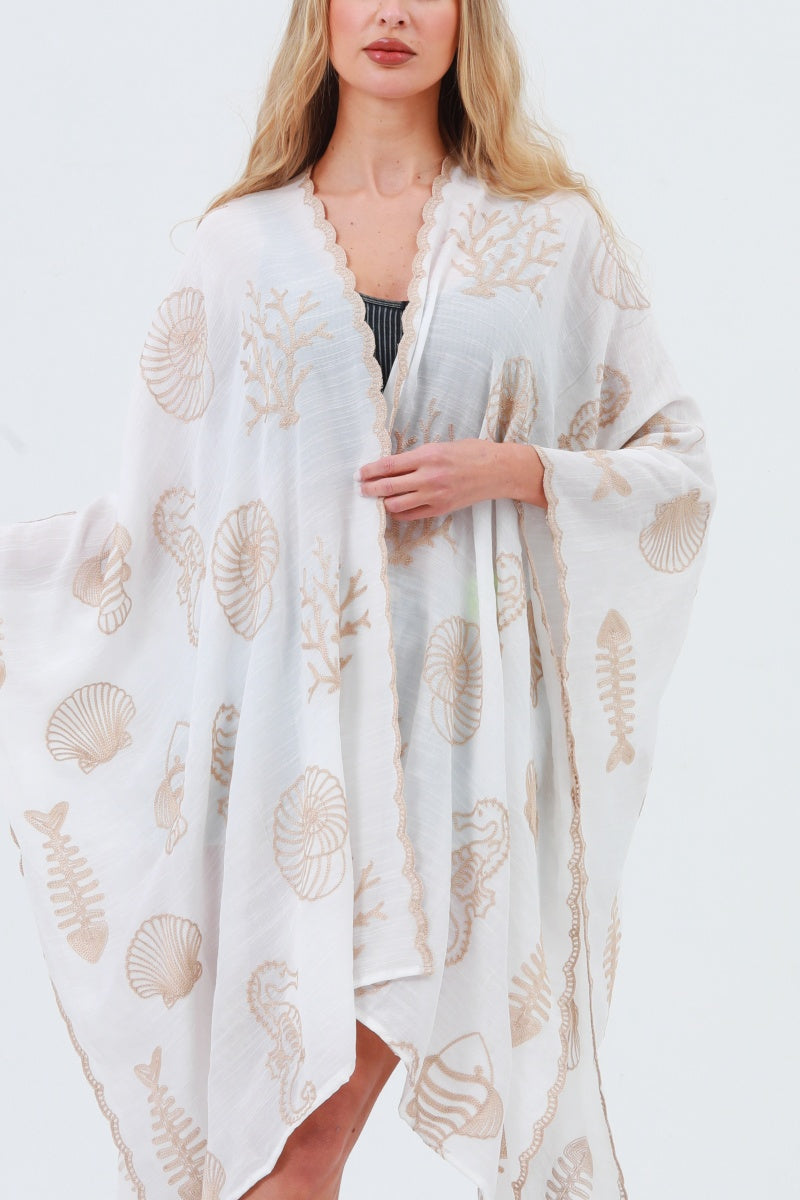 Seahorse Coral Seashell Embroidered Kimono – Ocean Breeze Cover-Up 🌊🐚 Leto Collection