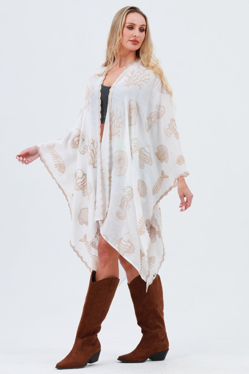 Seahorse Coral Seashell Embroidered Kimono – Ocean Breeze Cover-Up 🌊🐚 Leto Collection