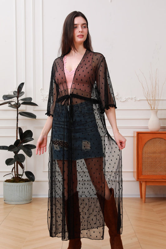 Boho Dream: Polka Dot Mesh Kimono Duster Leto Collection