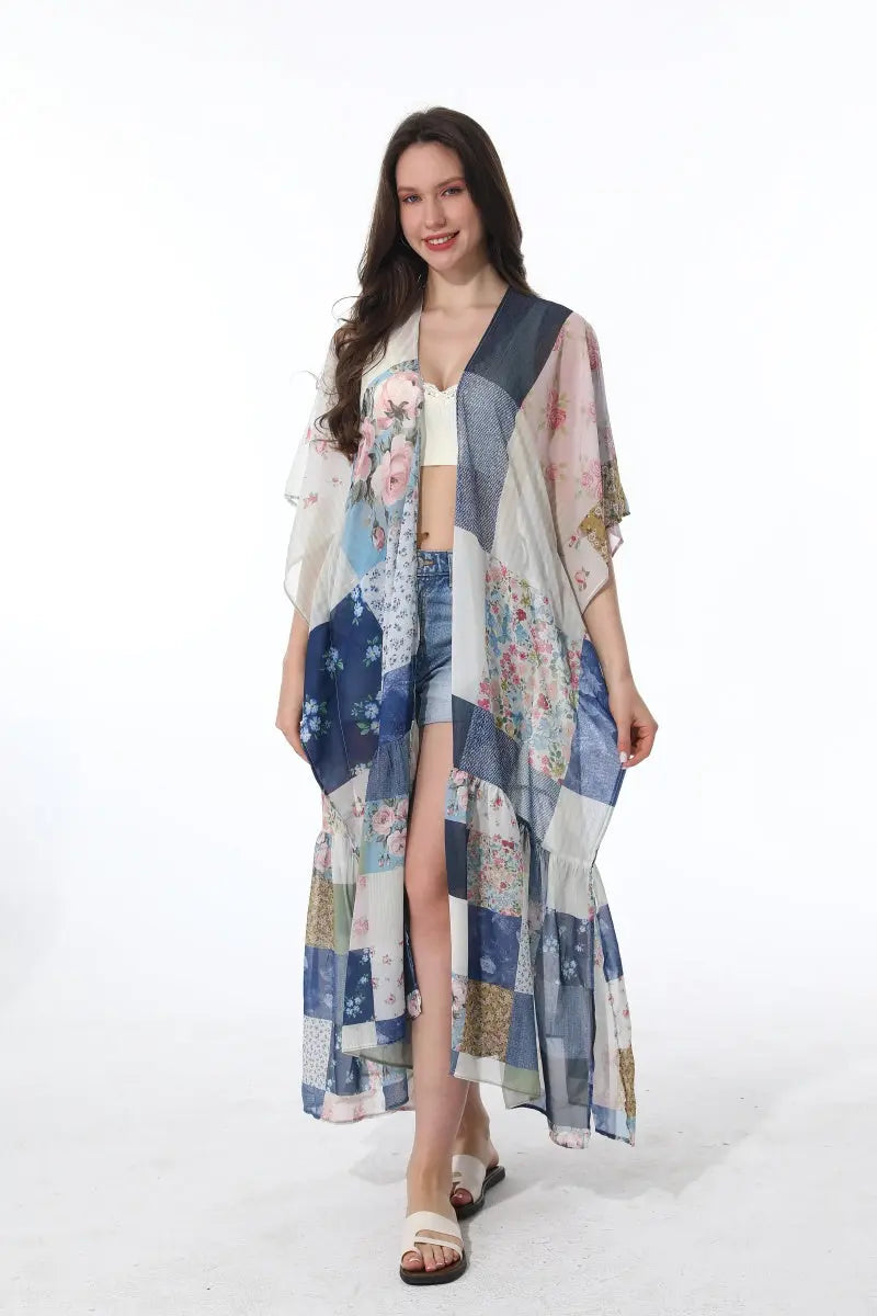 Vintage Long Floral Kimono – Boho Cover-Up Leto Collection