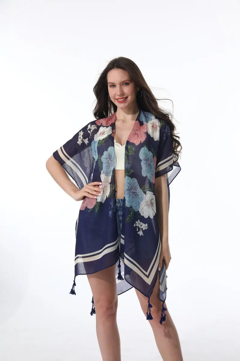 Floral Print Tassel Kimono Beach Cover Up Shawl Cardigan 🌸🌊 leto-collection