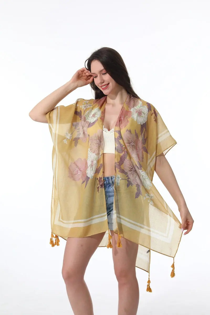 Floral Print Tassel Kimono Beach Cover Up Shawl Cardigan 🌸🌊 leto-collection
