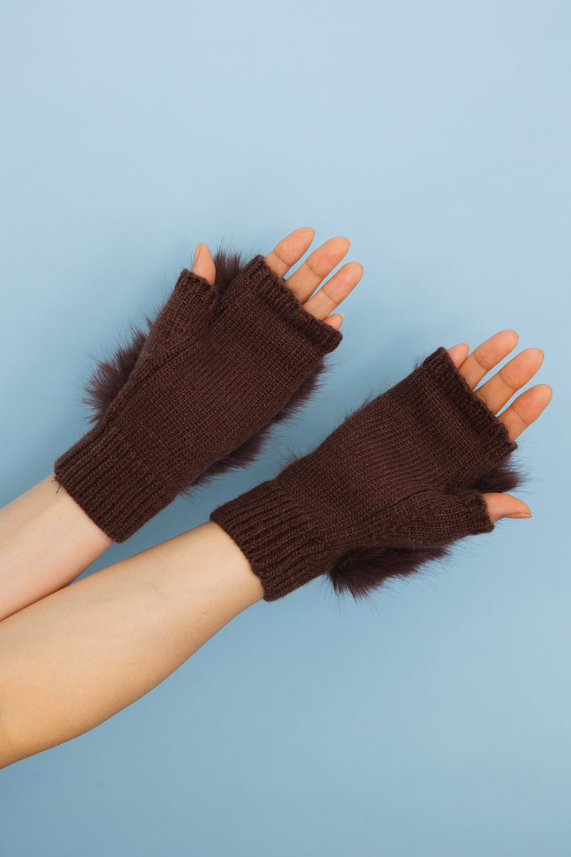 Faux Fur Trim Fingerless Knit Mittens Leto Collection