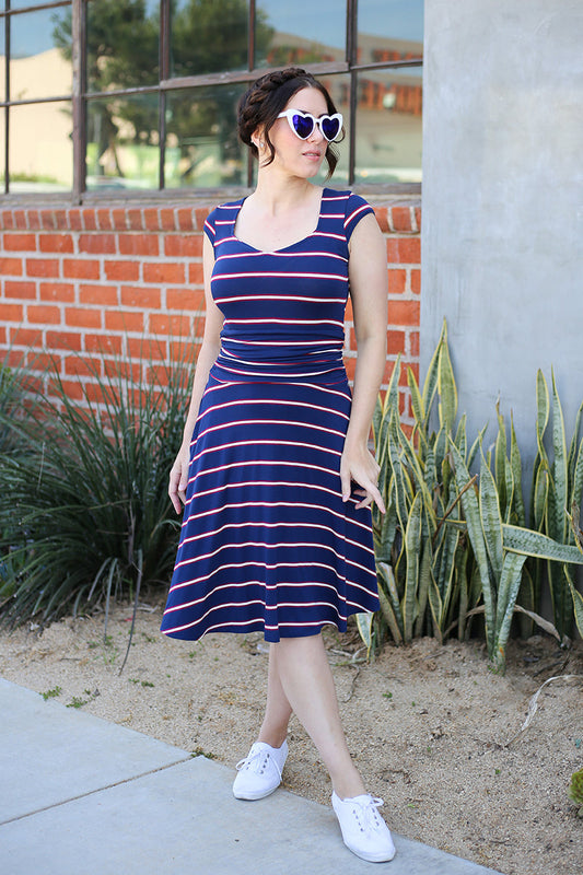 Amelia Dress in Navy Stripes - Xs Only in stripe — Soul Flow Apparel