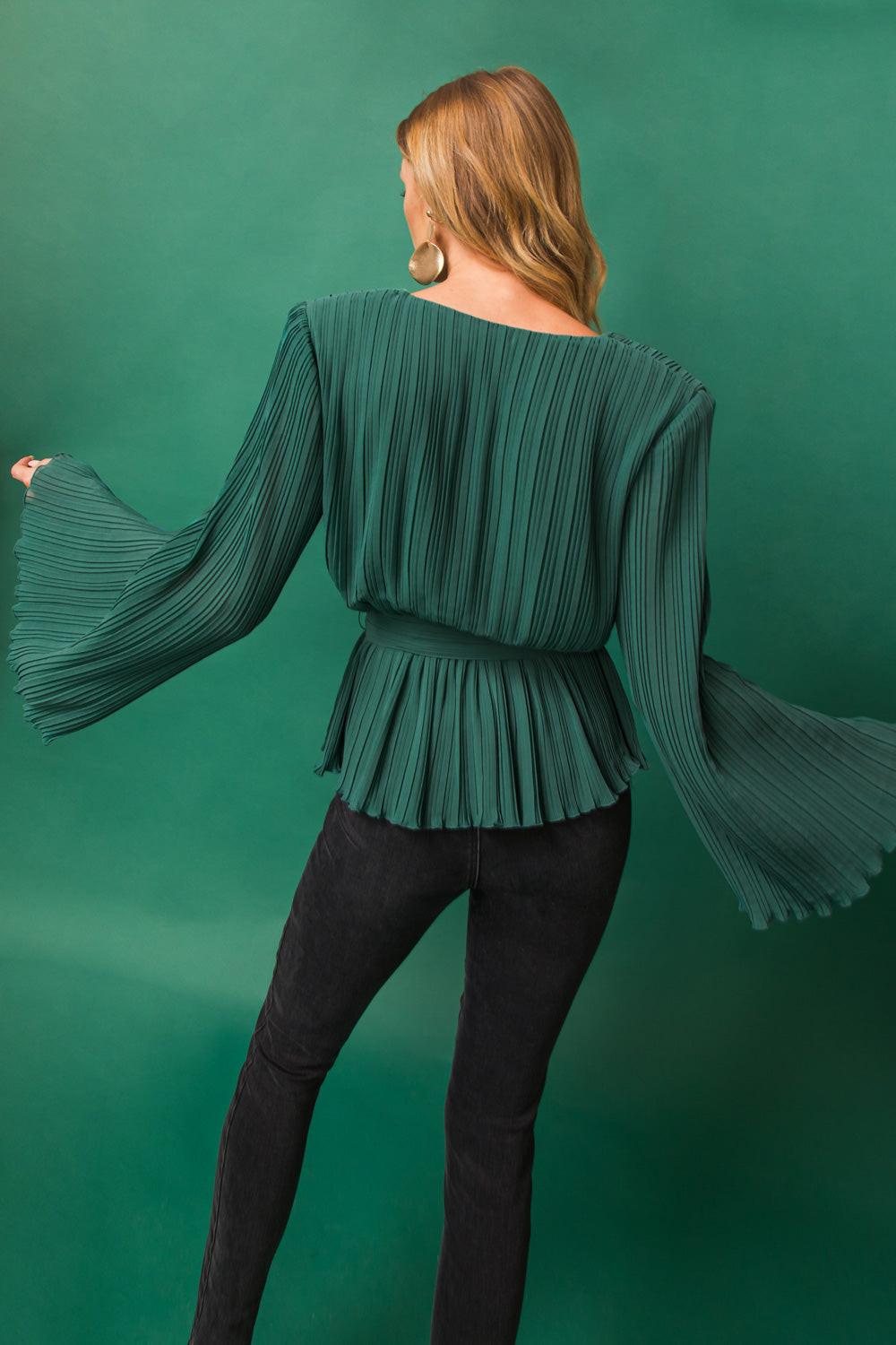 Hello Sweetheart Pleated Top with Surplice Neckline and Peplum Polyester in 20teal 20gre, view 2019 — Soul Flow Apparel