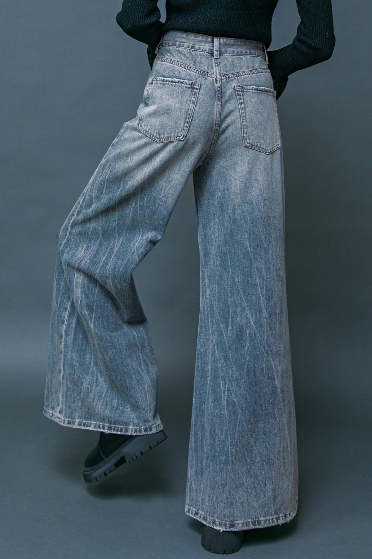 Daring Trend Washed Denim Pants Wide Leg Front Pockets for Everyday Wear in 20med 20ind38 — Soul Flow Apparel