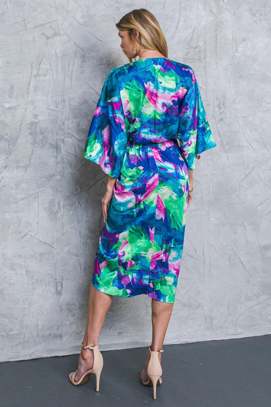 On the Horizon Woven Satin Midi Dress Plunging V Neck Kimono Sleeves in 20blu34 — Soul Flow Apparel