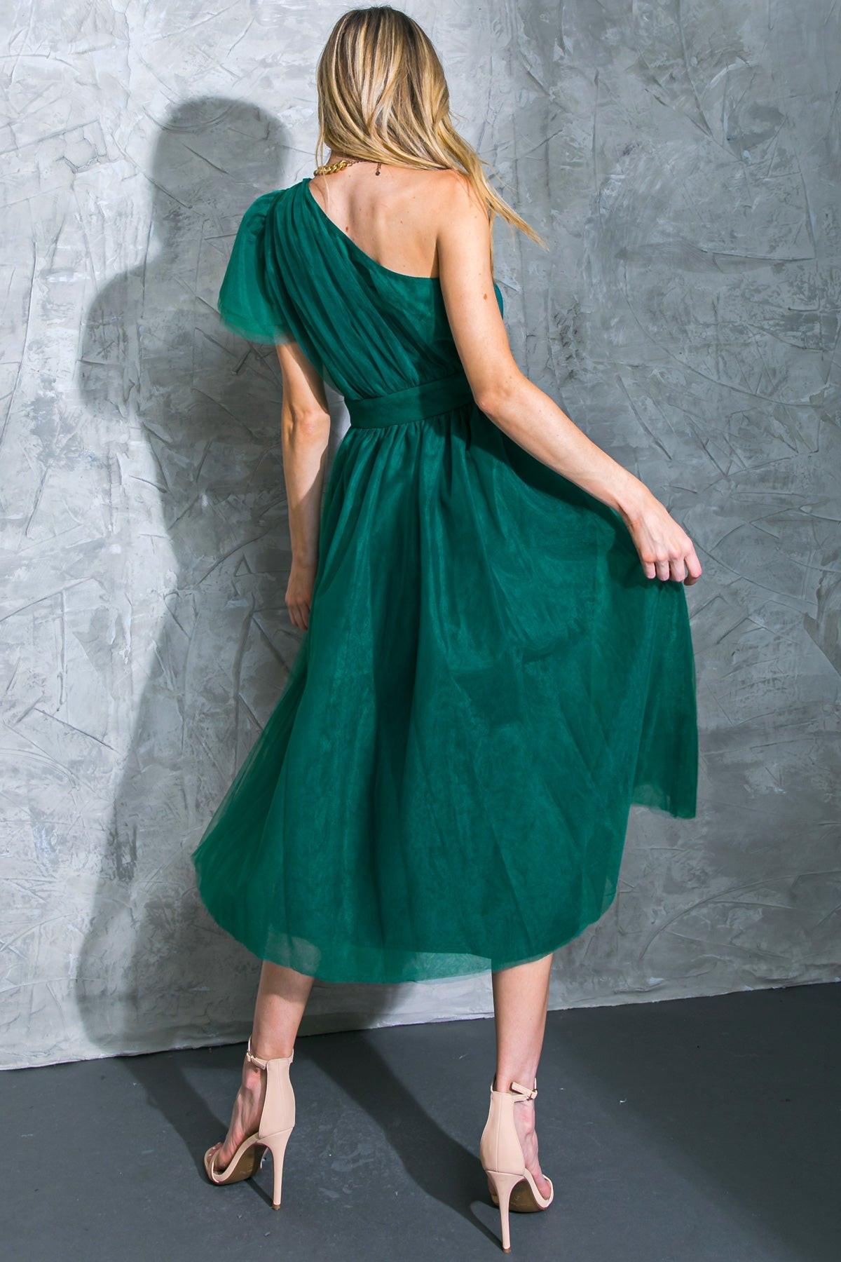 Lively Charm Tulle Midi Dress One Shoulder Silhouette With Layered Sleeve