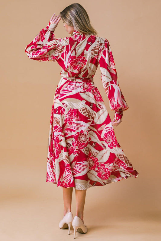Heart of Woven Midi Dress with Shirt Collar Button Front and Self Tie in 20bur40, view 1 — Soul Flow Apparel
