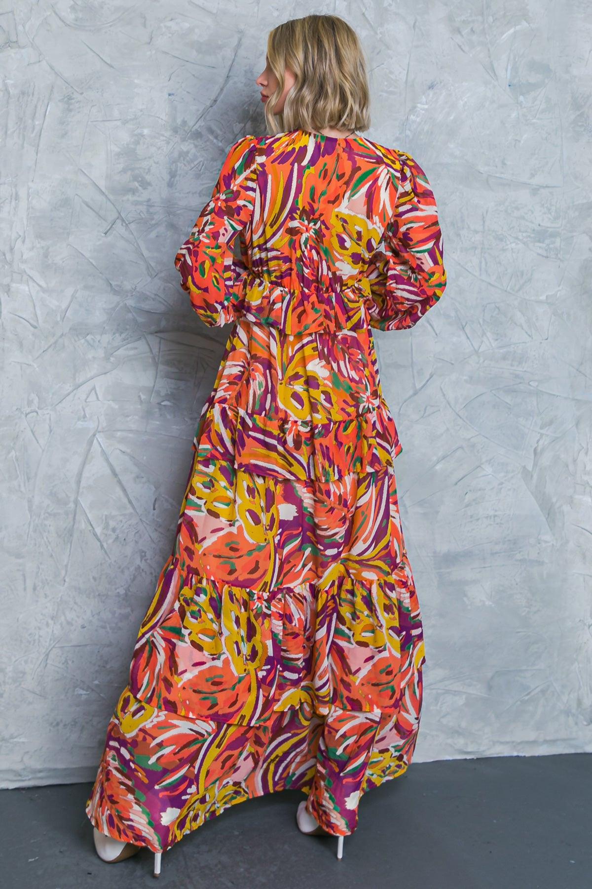 Wonderful Soul Woven Maxi Dress with V Neck Elastic Waist and Long Sleeves in 20rus53 — Soul Flow Apparel