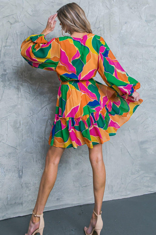 Thank Me Later Woven Mini Dress with Self Tie Waist Long Sleeve and Ruffled Hem in 20rus 20gre54 — Soul Flow Apparel