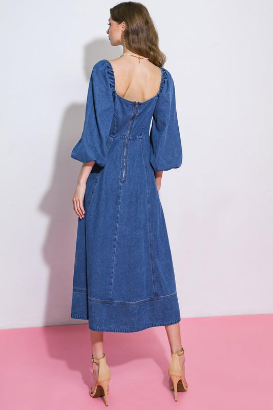 Feelin's Groovy Denim Midi Dress Square Neckline Long Sleeve Back Zip Closure in 20med 20ind11 — Soul Flow Apparel