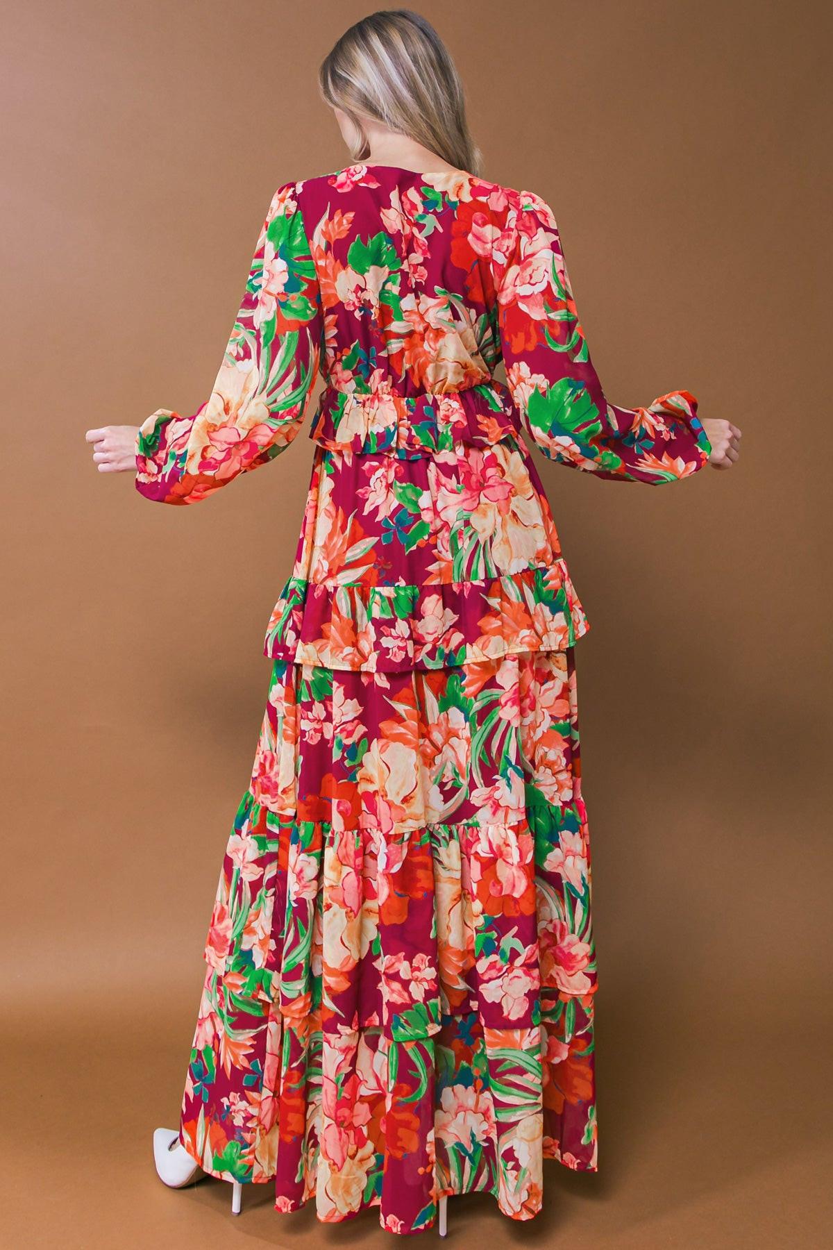 Leave You Speechless Woven Maxi Dress with V Neckline Long Sleeve Tiered Skirt in 20bur44 — Soul Flow Apparel
