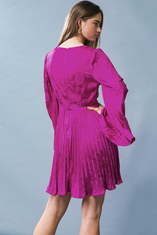 Graceful Entrance Satin Mini Dress With Jacquard Pleated V Neck O Ring Detail