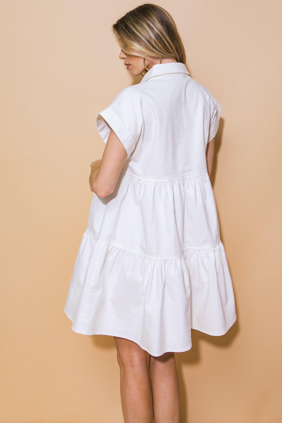 Timeless Beauty Twill Mini Dress with Shirt Collar Button Down and Tiered Body in 20whi20 — Soul Flow Apparel