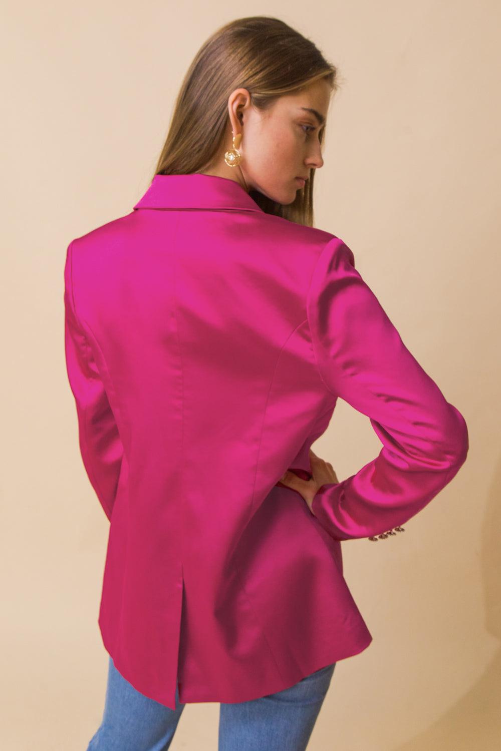 Perfect for Me Satin Blazer with Front Pockets Tailored Fit and Sleeve Buttons in 20fuch, view 2034 — Soul Flow Apparel