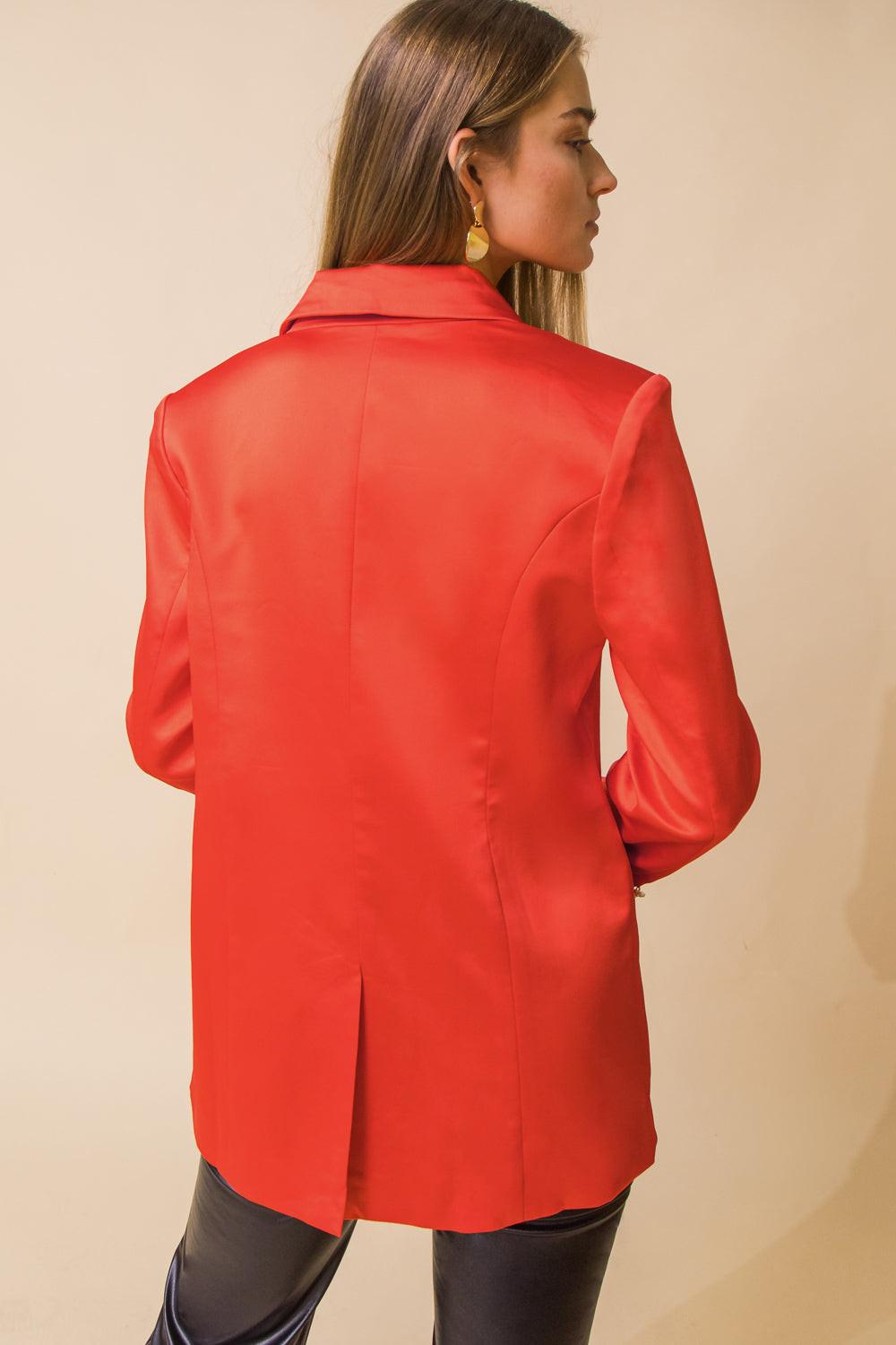 Perfect for Me Satin Blazer with Front Pockets Tailored Fit and Sleeve Buttons in 20orange, view 201 — Soul Flow Apparel
