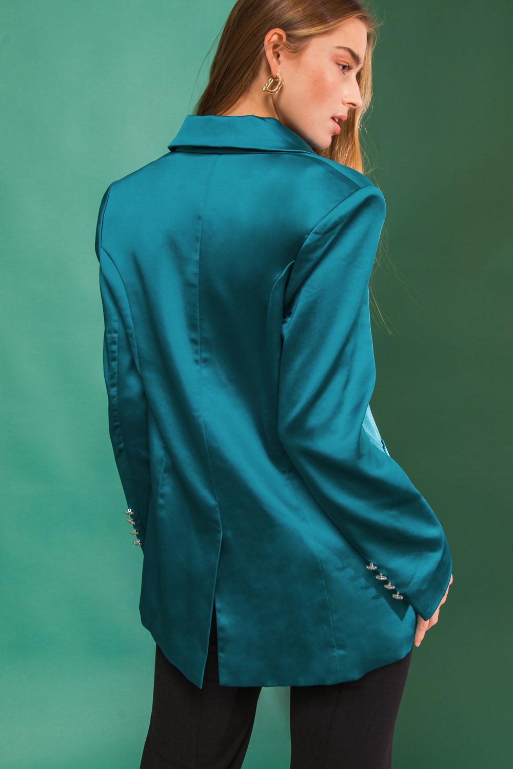 Perfect for Me Satin Blazer with Front Pockets Tailored Fit and Sleeve Buttons in 20teal, view 2037 — Soul Flow Apparel