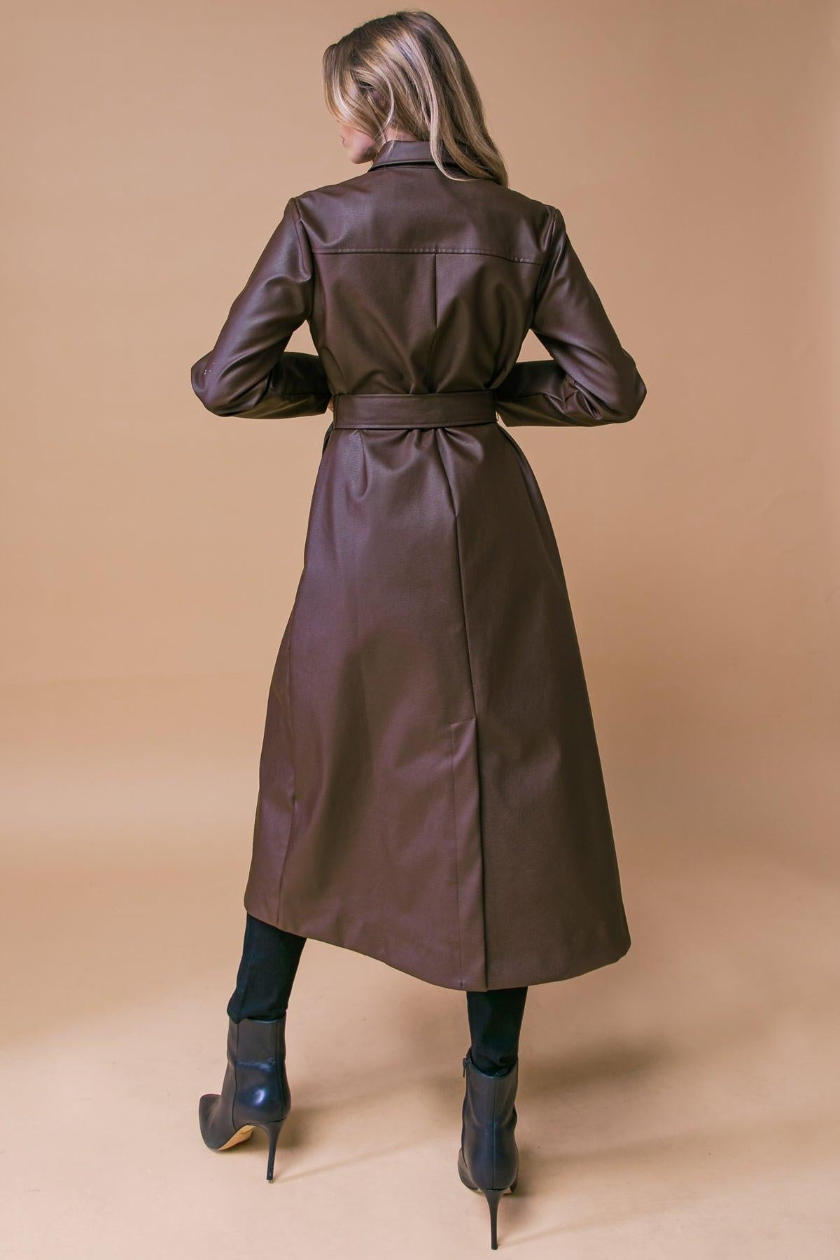 Wonderful Day Faux Leather Midi Coat with Button Down Detailing and Sash Tie in 20bro40 — Soul Flow Apparel