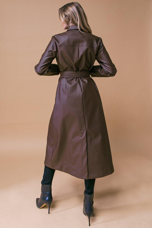 Wonderful Day Faux Leather Midi Coat with Button Down Detailing and Sash Tie in 20bro40 — Soul Flow Apparel
