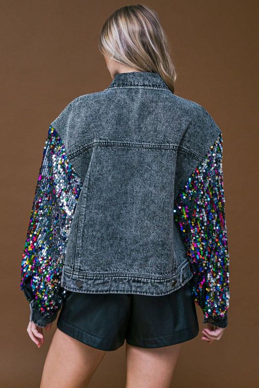 Going There Washed Denim Jacket with Button Down Front and Sequin Sleeves in 20bla44 — Soul Flow Apparel