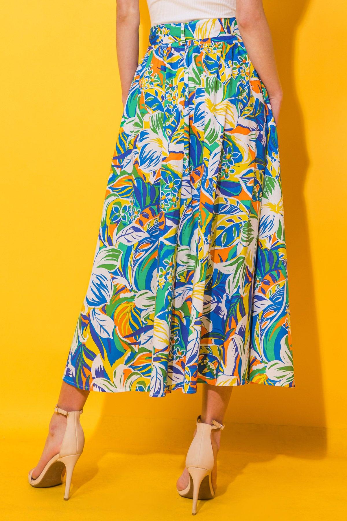 Printed Poplin Full Skirt with Self Tie and Pockets Side Zip Closure in 20blu 20grn20 — Soul Flow Apparel