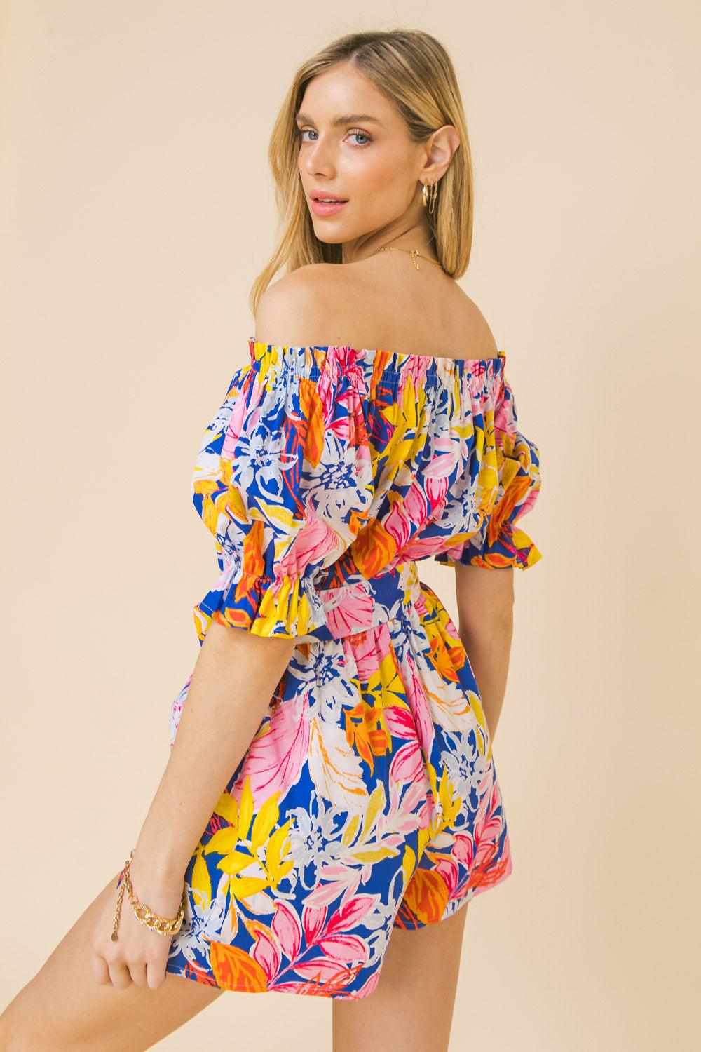 Admire You Blossom Off Shoulder Romper with Peasant Sleeves and Self Tie in 20blu, view 2062 — Soul Flow Apparel