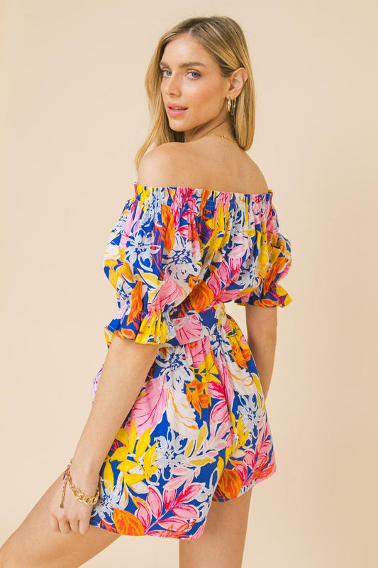 Admire You Blossom Off Shoulder Romper with Peasant Sleeves and Self Tie in 20blu, view 2062 — Soul Flow Apparel