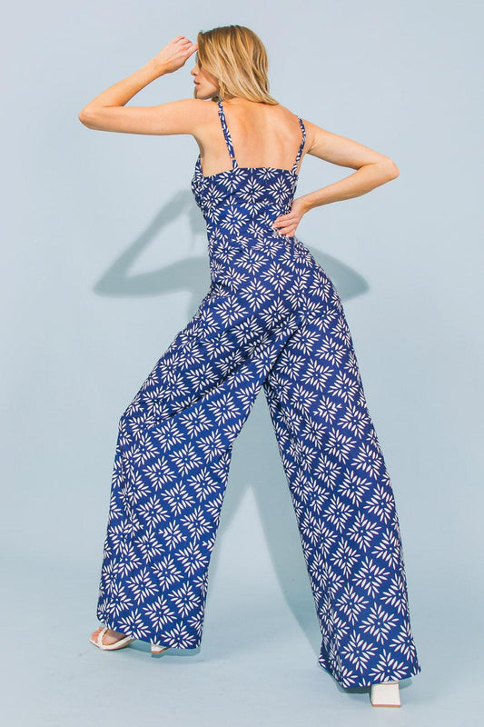 Printed Woven Jumpsuit with Cami Top Front Twist Cutout and Wide Leg in 20navy, view 2029 — Soul Flow Apparel