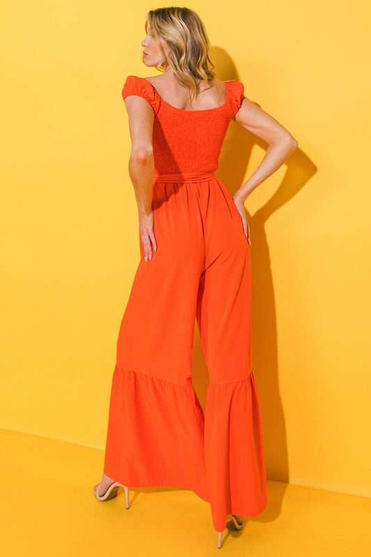 Smile Afternoon Woven Jumpsuit with Smocked Bodice and Self Tie Waist in 20ora33 — Soul Flow Apparel