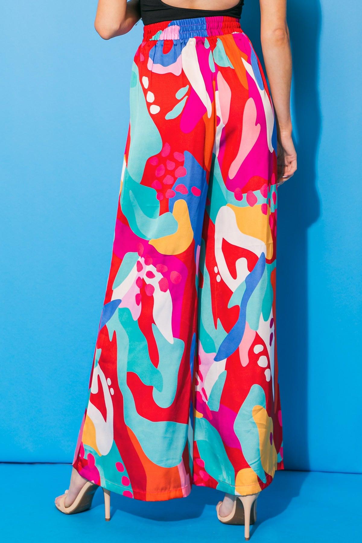Cancun Getaway Satin Pants with Elastic Waist and Wide Leg Silhouette in 20multi18 — Soul Flow Apparel