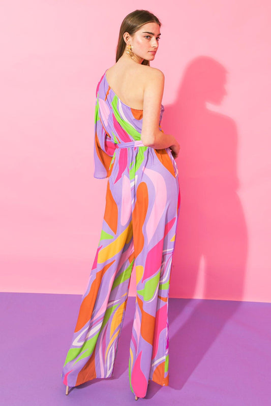 Harmony Woven Jumpsuit One Shoulder Printed Lightweight Self Tie Belt in 20lav, view 2026 — Soul Flow Apparel