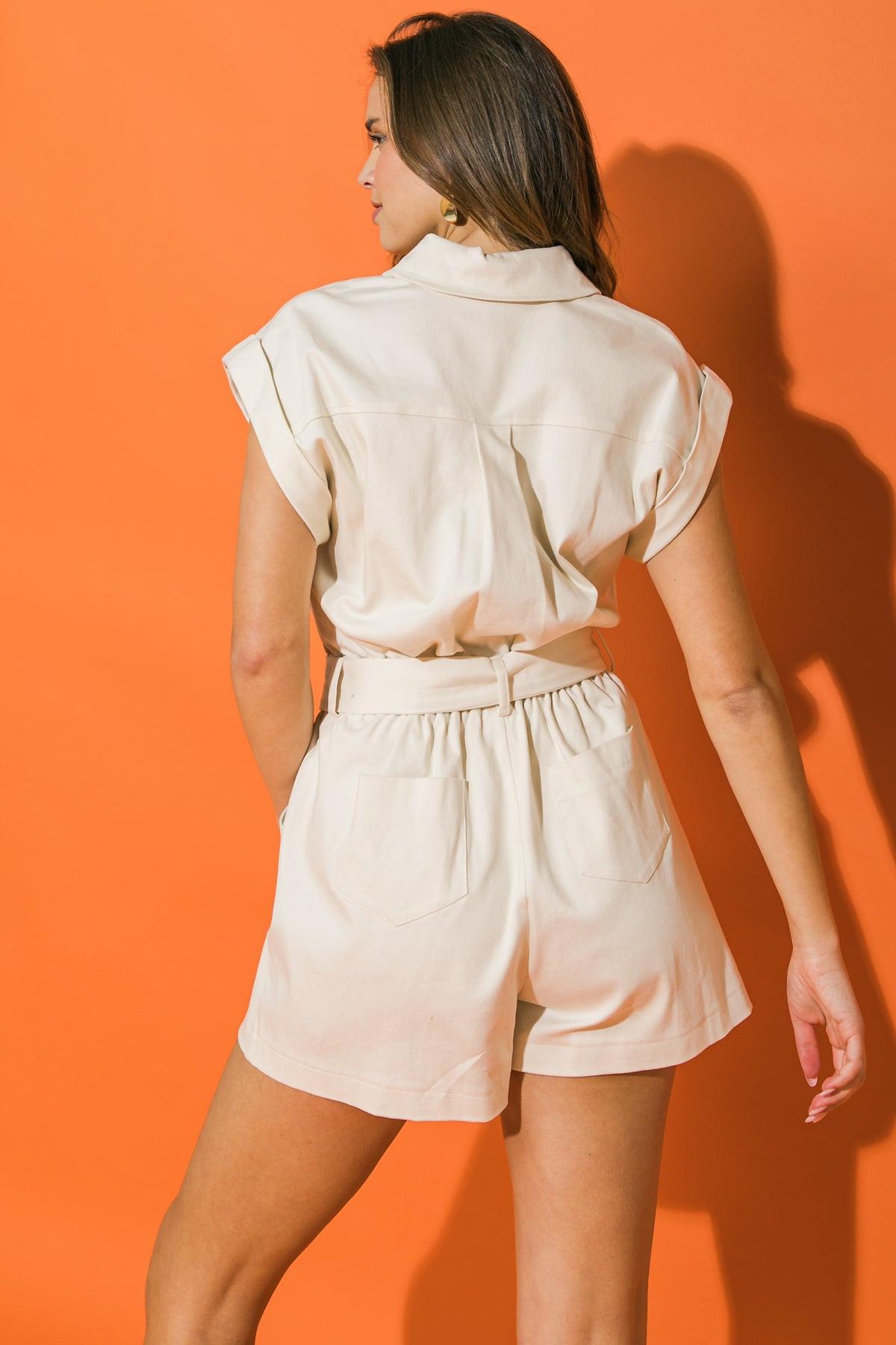 Symphony Woven Romper with Shirt Collar Snap Button Down Elastic Waist Pockets in 20ecru, view 2034 — Soul Flow Apparel