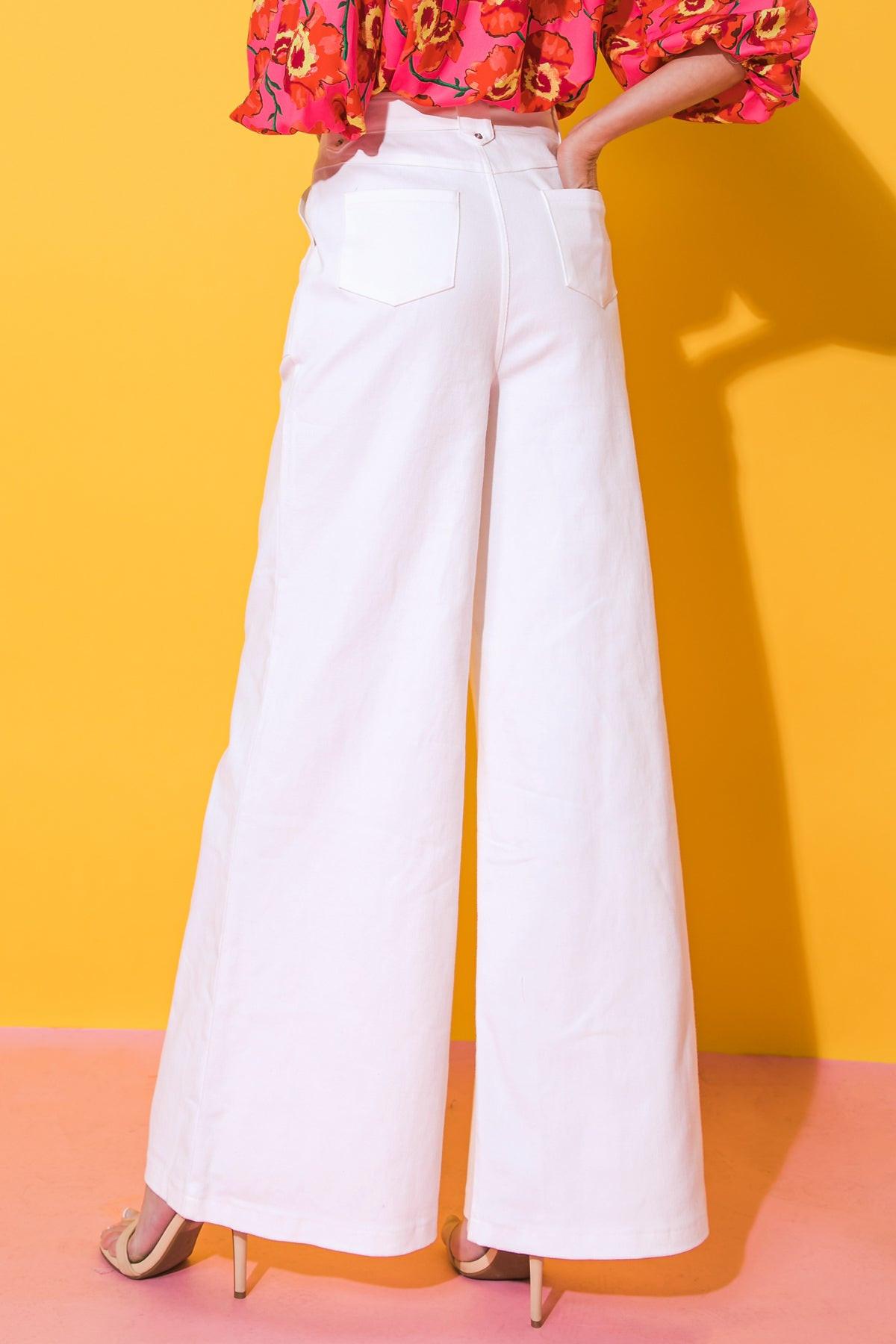 Just Say Yes Cotton Twill Pants with Self Tie Belt and Wide Leg in 20wht, view 207 — Soul Flow Apparel