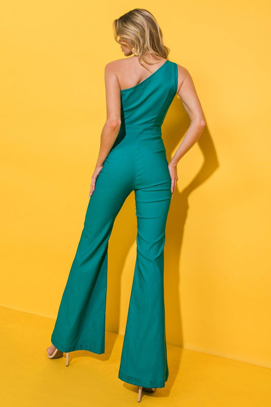 Vivid Passion Solid Jumpsuit One Shoulder with Front Seams and Flare Bottom in 20grn36 — Soul Flow Apparel