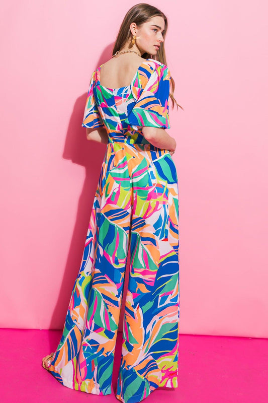 Whitewater Bay Printed Woven Jumpsuit with Surplice Neckline and Flutter Sleeves in 20blue, view 2030 — Soul Flow Apparel
