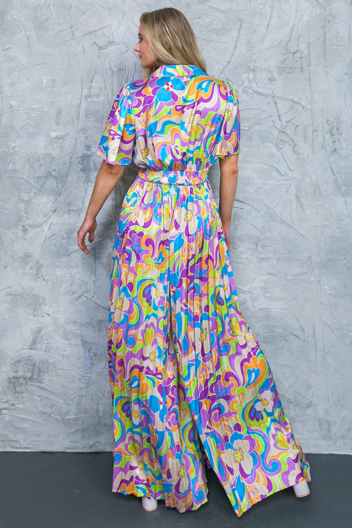 Secret Place Woven Jumpsuit with Shirt Collar V Neck and Pleated Wide Leg Pants in 20pur 20lim19 — Soul Flow Apparel