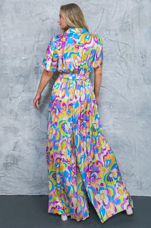 Secret Place Woven Jumpsuit with Shirt Collar V Neck and Pleated Wide Leg Pants in 20pur 20lim19 — Soul Flow Apparel