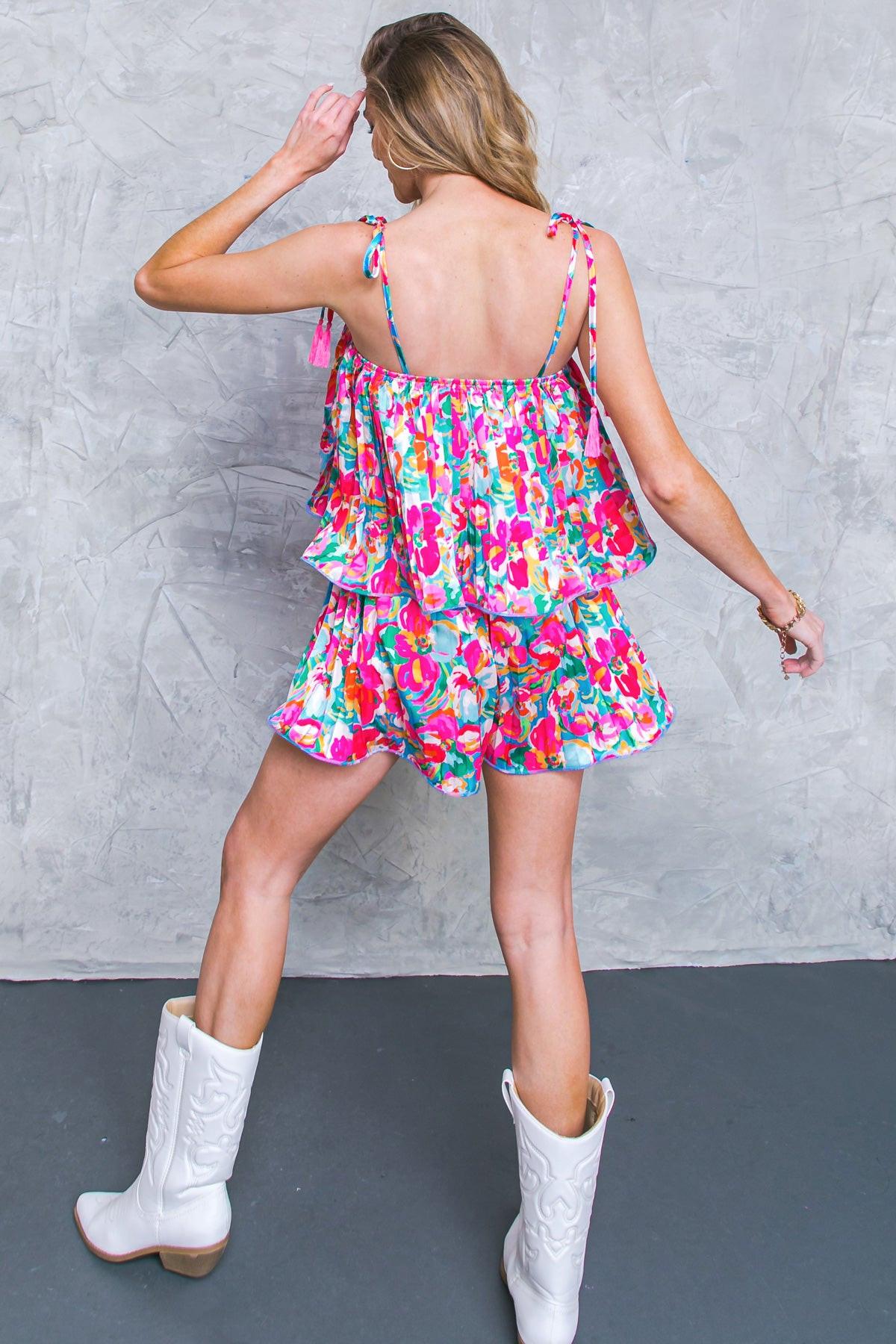 Put a Spin Woven Romper Pleated with Shoulder Ties Straight Neckline in 20blu 20fuc5 — Soul Flow Apparel