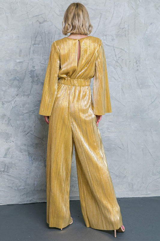 Dare to Dazzle Plisse Jumpsuit with Bell Sleeves Wide Legs in 20gol50 — Soul Flow Apparel