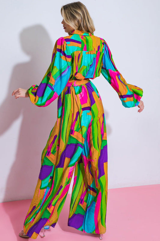 All My Heart Woven Jumpsuit with Shirt Collar Blouson Sleeves and Wide Leg in 20gre 20pin22 — Soul Flow Apparel