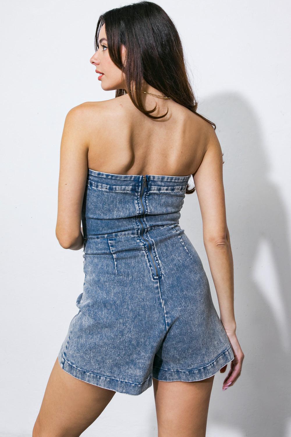We Love It Washed Romper in washed denim, view 2 — Soul Flow Apparel