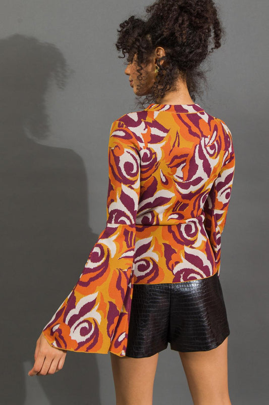 Her Favorite Features Jacquard Knit Sweater Top Bell Sleeve Contour Fit in 20rust 20berry, view 2024 — Soul Flow Apparel