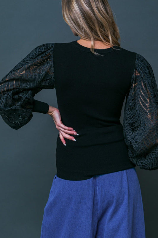Leisure Life Knit Sweater Top with Round Neckline and Contrasting Puff Sleeves in 20bla47 — Soul Flow Apparel