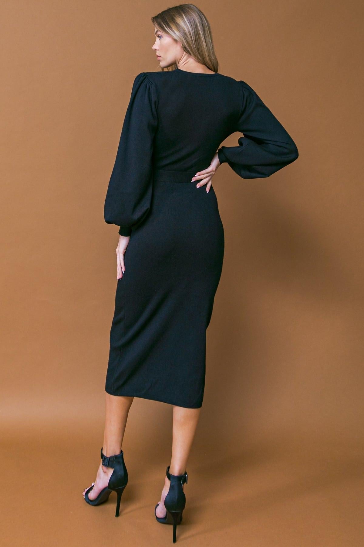 Adorable Ideal Sweater Midi Dress with Surplice Neckline Blouson Sleeves in 20bla54 — Soul Flow Apparel