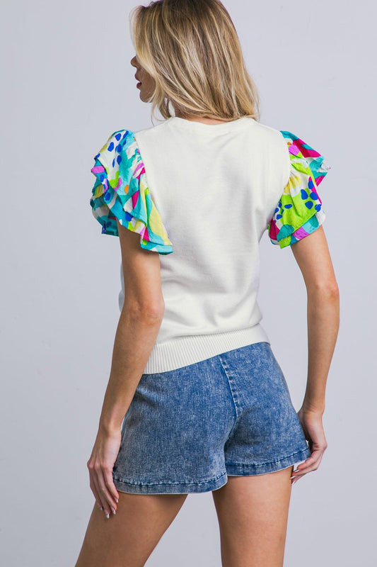 Glittery Glee Sweater Top with Round Neckline and Printed Ruffle Sleeves in 20ivo 20blu6 — Soul Flow Apparel